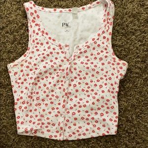 Red floral print button up crop top